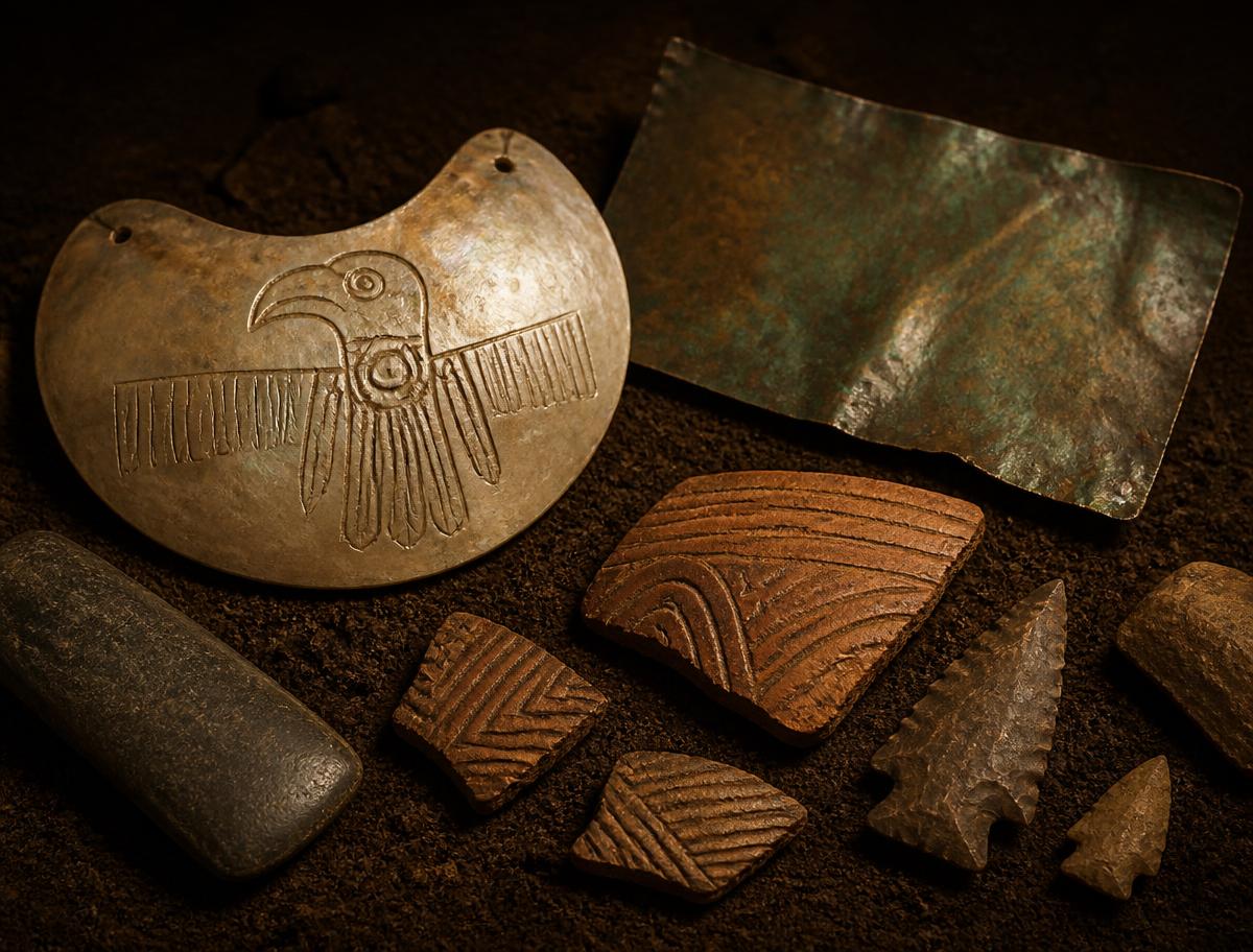 Mississippian artifacts including a shell gorget, copper plate, and pottery shards